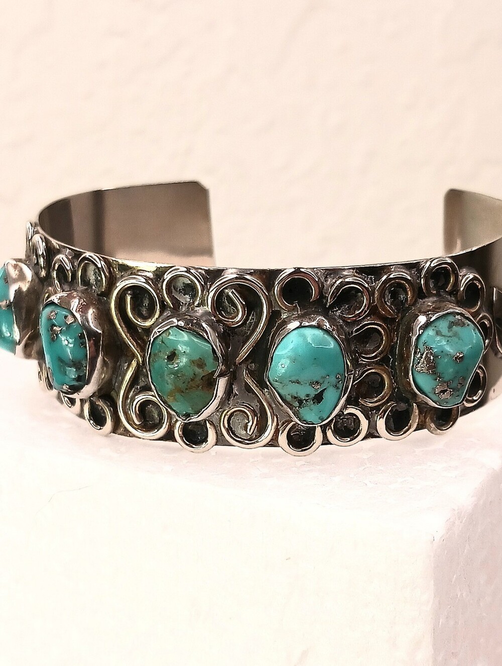 Vintage Sterling Silver 925 Navajo 5 Turquoise Bracelet 7.5" 12m X 9m Stones 30g